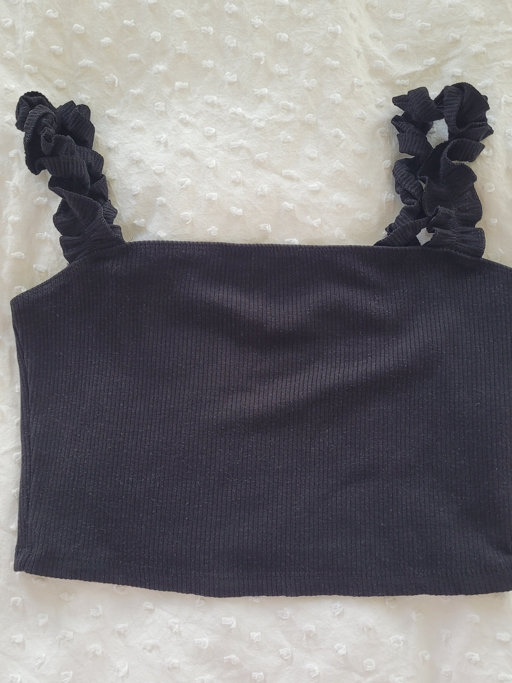 Sunday Best Black Ruffled-Strap Crop Tank
